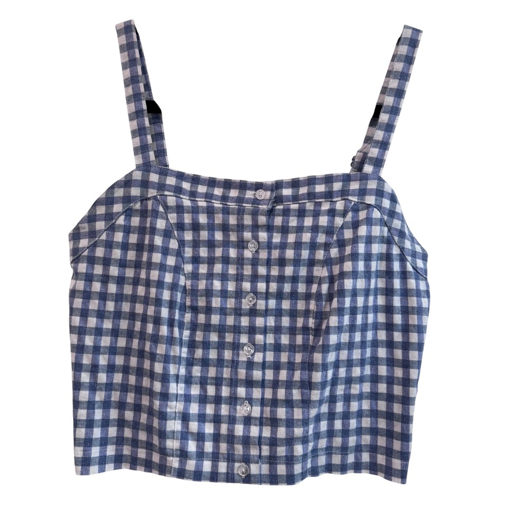 J Galt Blue Gingham Smocked Crop Top Spaghetti Strap Button Front Small? 15" ptp